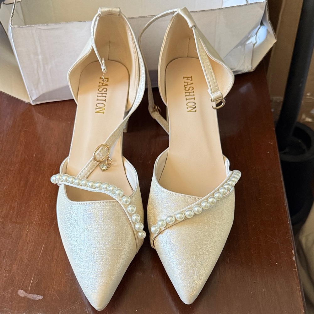 Women's Cream Heels with Pearl Detail
